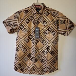 New American Breed Gold Greek Key Jacquard Shirt Black Velvet Embossed $169 Sz M